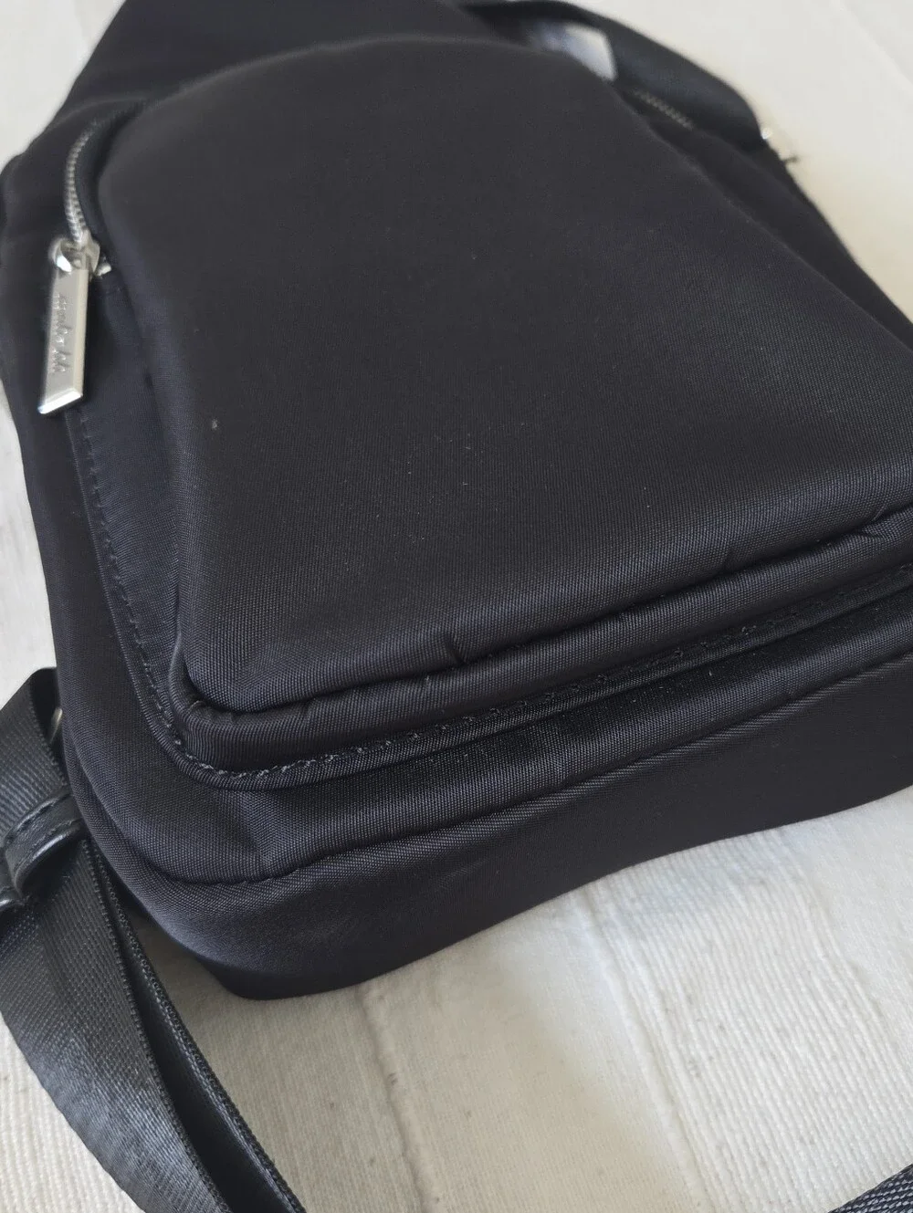 MALI + LILI Logan Black Nylon & Vegan Leather Sling Bag Crossbody Travel Street